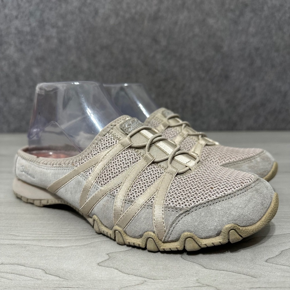 Skechers Bikers Fan Club Women 7.5 Taupe Relaxed Fit Slip On Mules SN 49530 Mesh